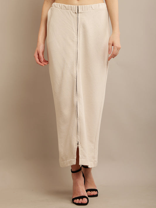 Beige Maxi Long Skirt with Front Slit, Elastic Waist, and Zip Closures