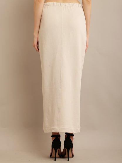 Beige Maxi Long Skirt with Front Slit, Elastic Waist, and Zip Closures