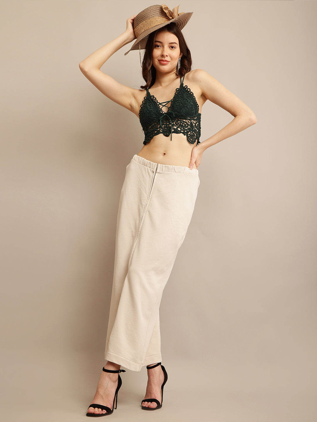 Beige Maxi Long Skirt with Front Slit, Elastic Waist, and Zip Closures