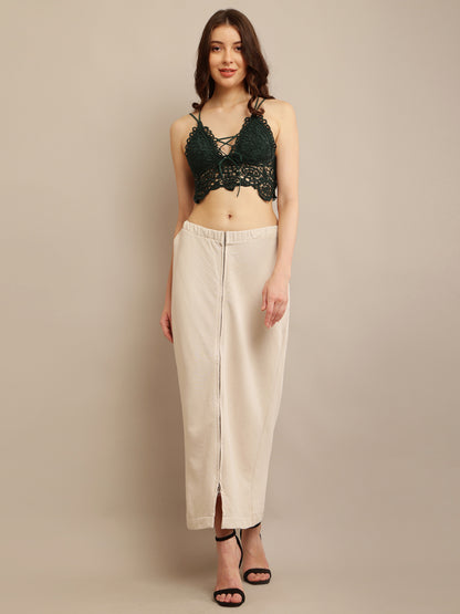 Beige Maxi Long Skirt with Front Slit, Elastic Waist, and Zip Closures