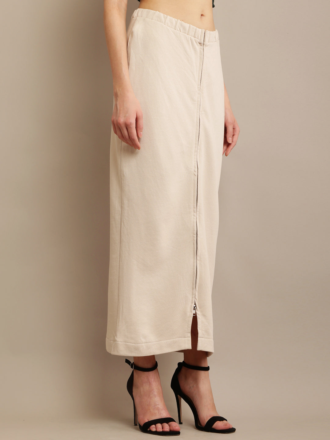 Beige Maxi Long Skirt with Front Slit, Elastic Waist, and Zip Closures