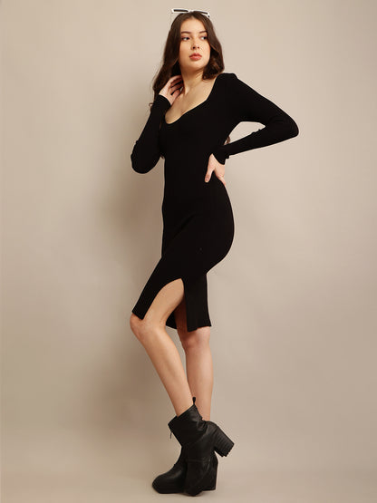 Black Acrylic Full Sleeve Bodycon Dress with Square Neck