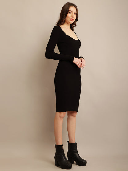 Black Acrylic Full Sleeve Bodycon Dress with Square Neck