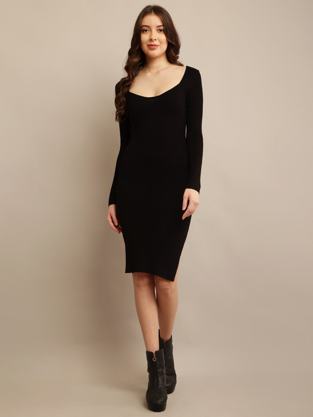 Black Acrylic Full Sleeve Bodycon Dress with Square Neck