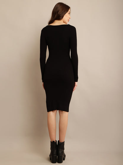 Black Acrylic Full Sleeve Bodycon Dress with Square Neck