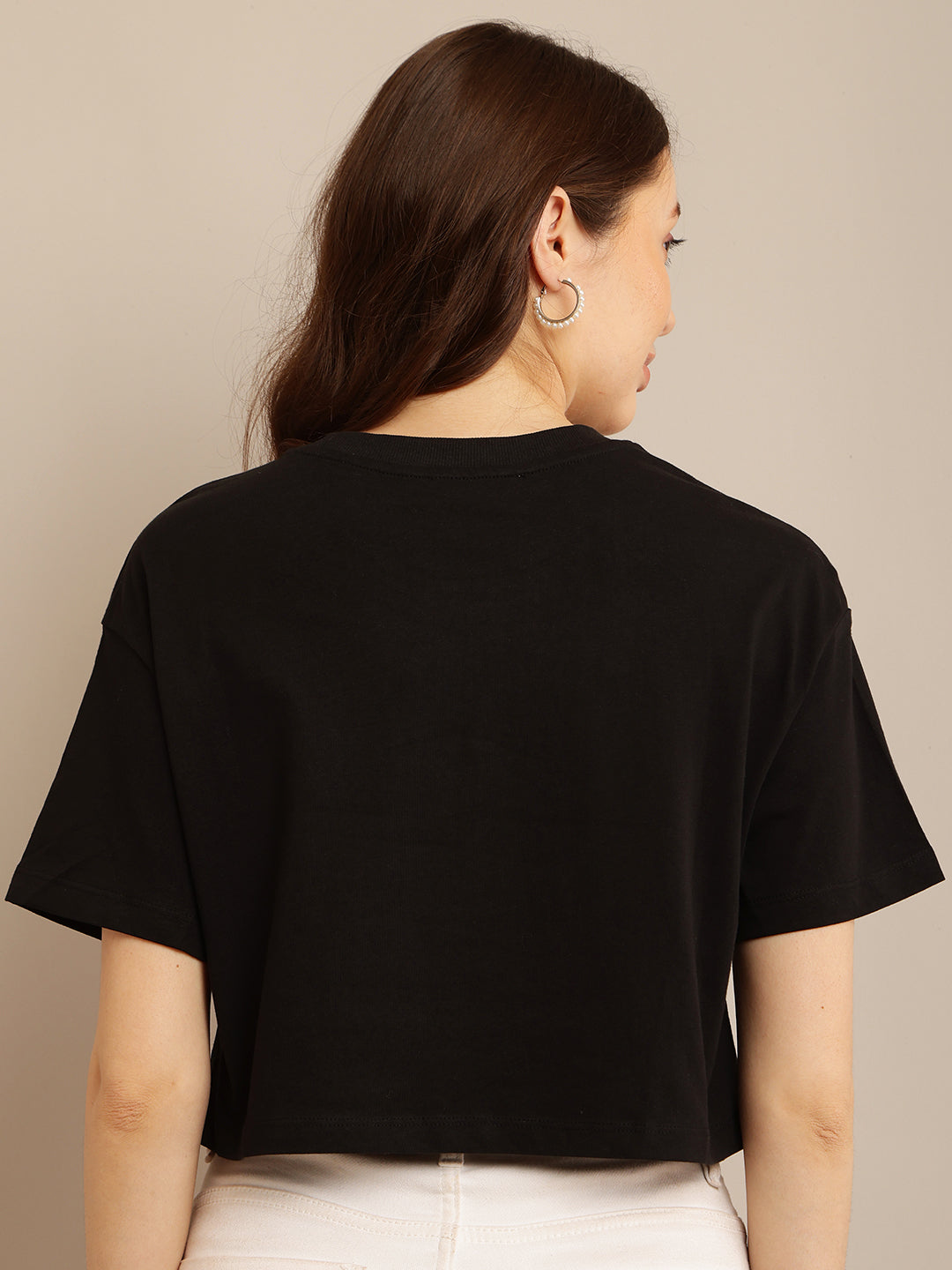 Black Cotton Crop Top with Short Sleeves, Round Neck, and Loose Fit Pattern