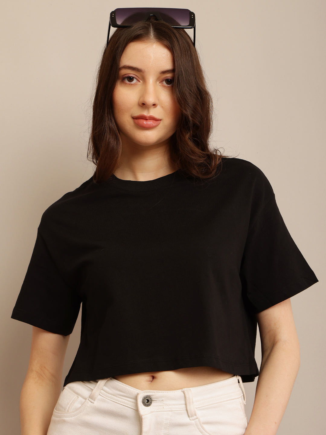 Black Cotton Crop Top with Short Sleeves, Round Neck, and Loose Fit Pattern