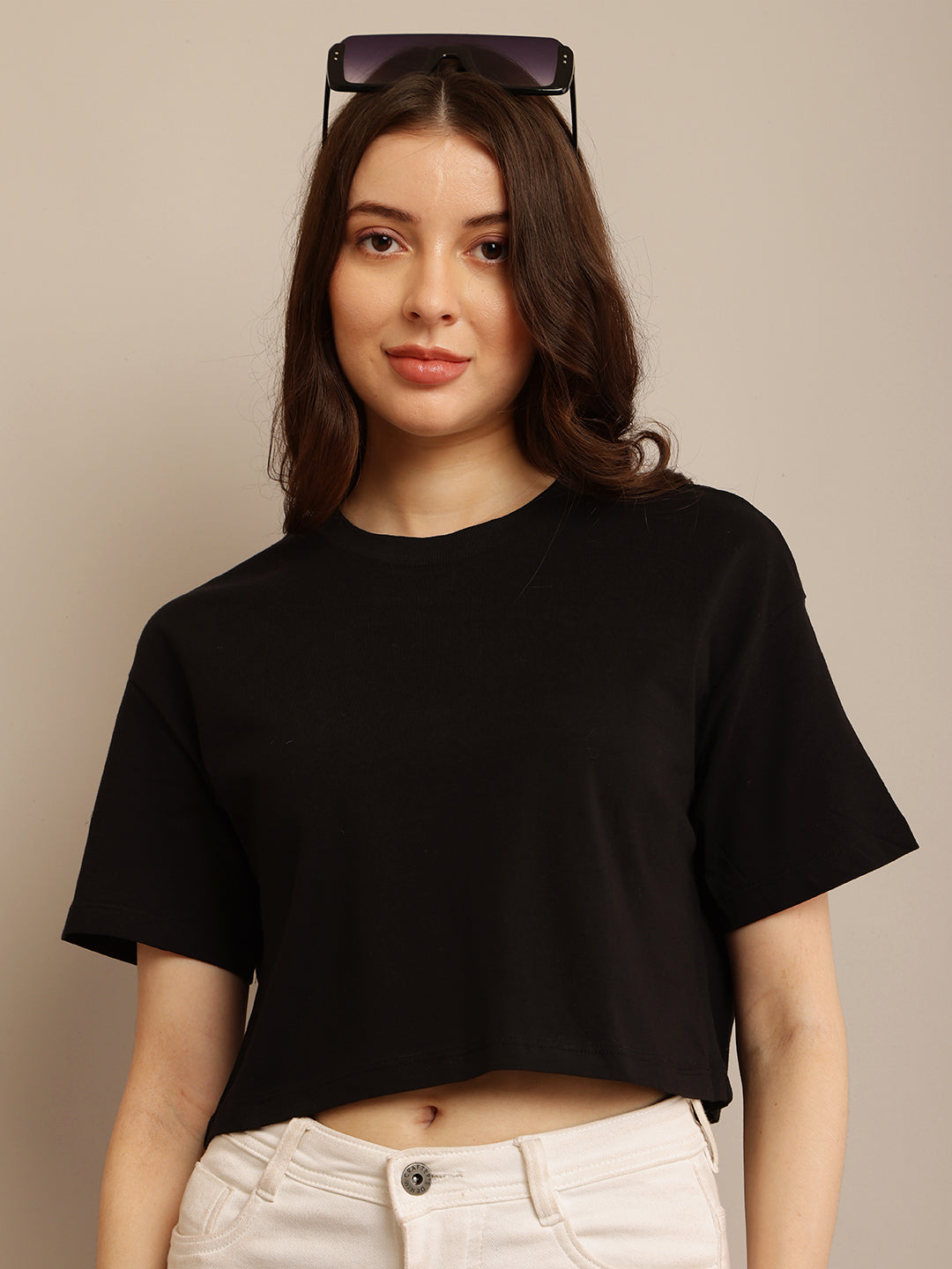 Black Cotton Crop Top with Short Sleeves, Round Neck, and Loose Fit Pattern