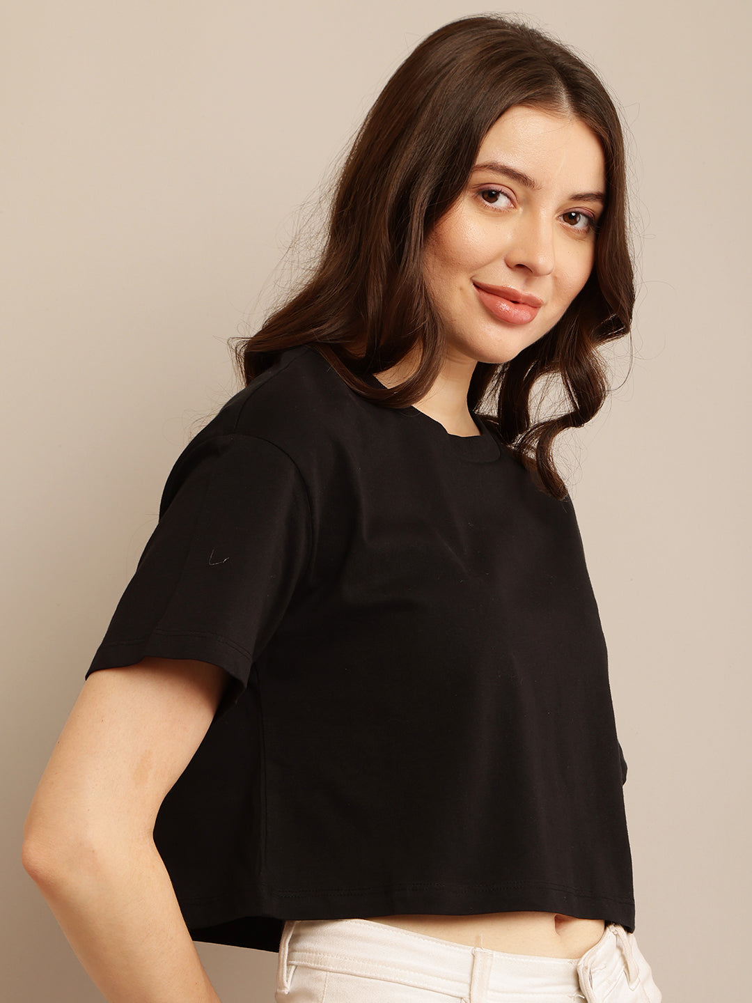 Black Cotton Crop Top with Short Sleeves, Round Neck, and Loose Fit Pattern