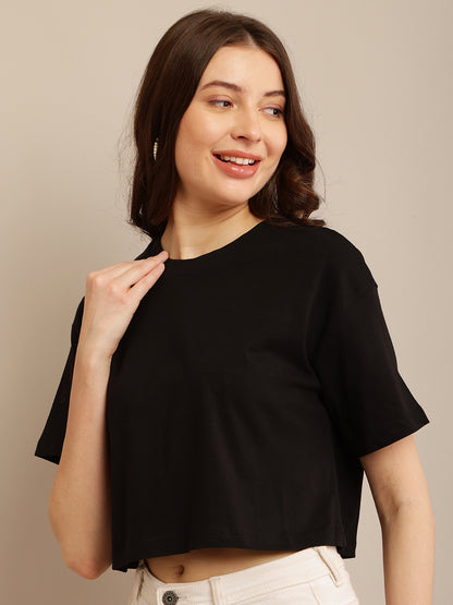 Black Cotton Crop Top with Short Sleeves, Round Neck, and Loose Fit Pattern