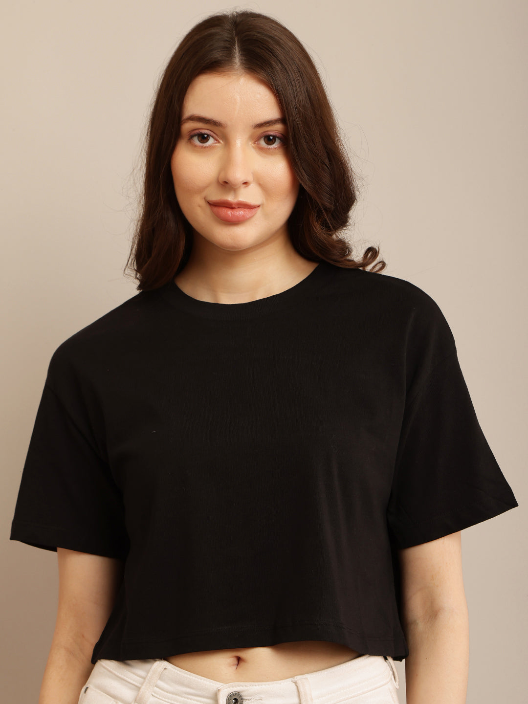 Black Cotton Crop Top with Short Sleeves, Round Neck, and Loose Fit Pattern