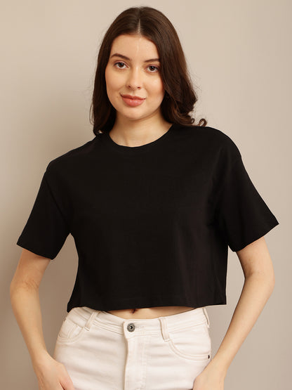 Black Cotton Crop Top with Short Sleeves, Round Neck, and Loose Fit Pattern