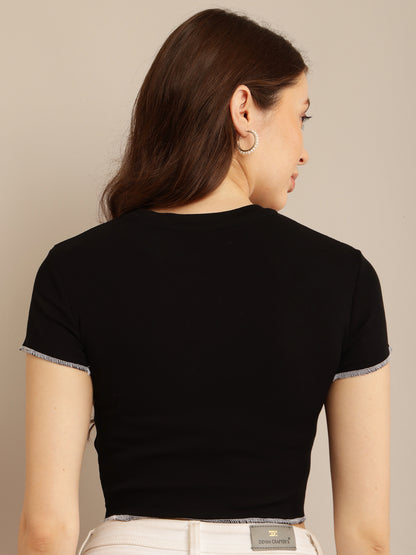 Black Crop Top T-Shirt with Maximum Stretch Cotton, Round Neck, and Short Sleeves