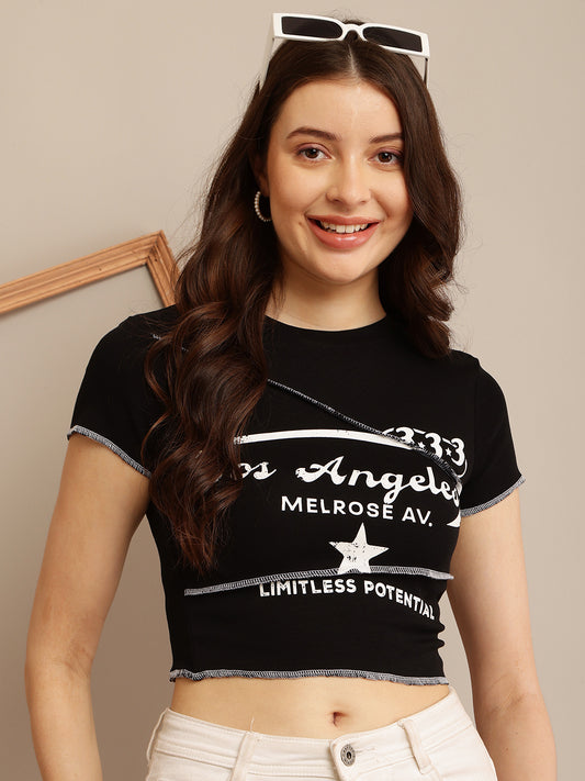 Black Crop Top T-Shirt with Maximum Stretch Cotton, Round Neck, and Short Sleeves