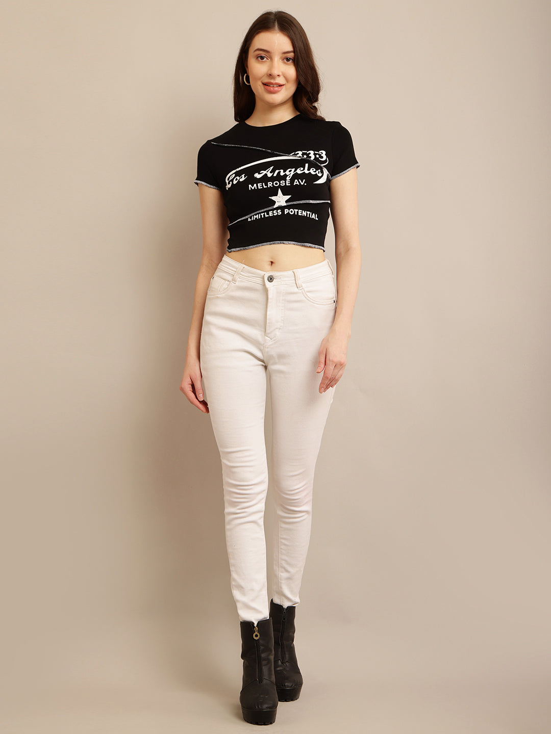 Black Crop Top T-Shirt with Maximum Stretch Cotton, Round Neck, and Short Sleeves