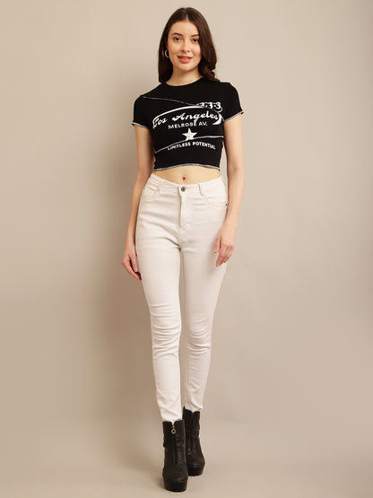 Black Crop Top T-Shirt with Maximum Stretch Cotton, Round Neck, and Short Sleeves