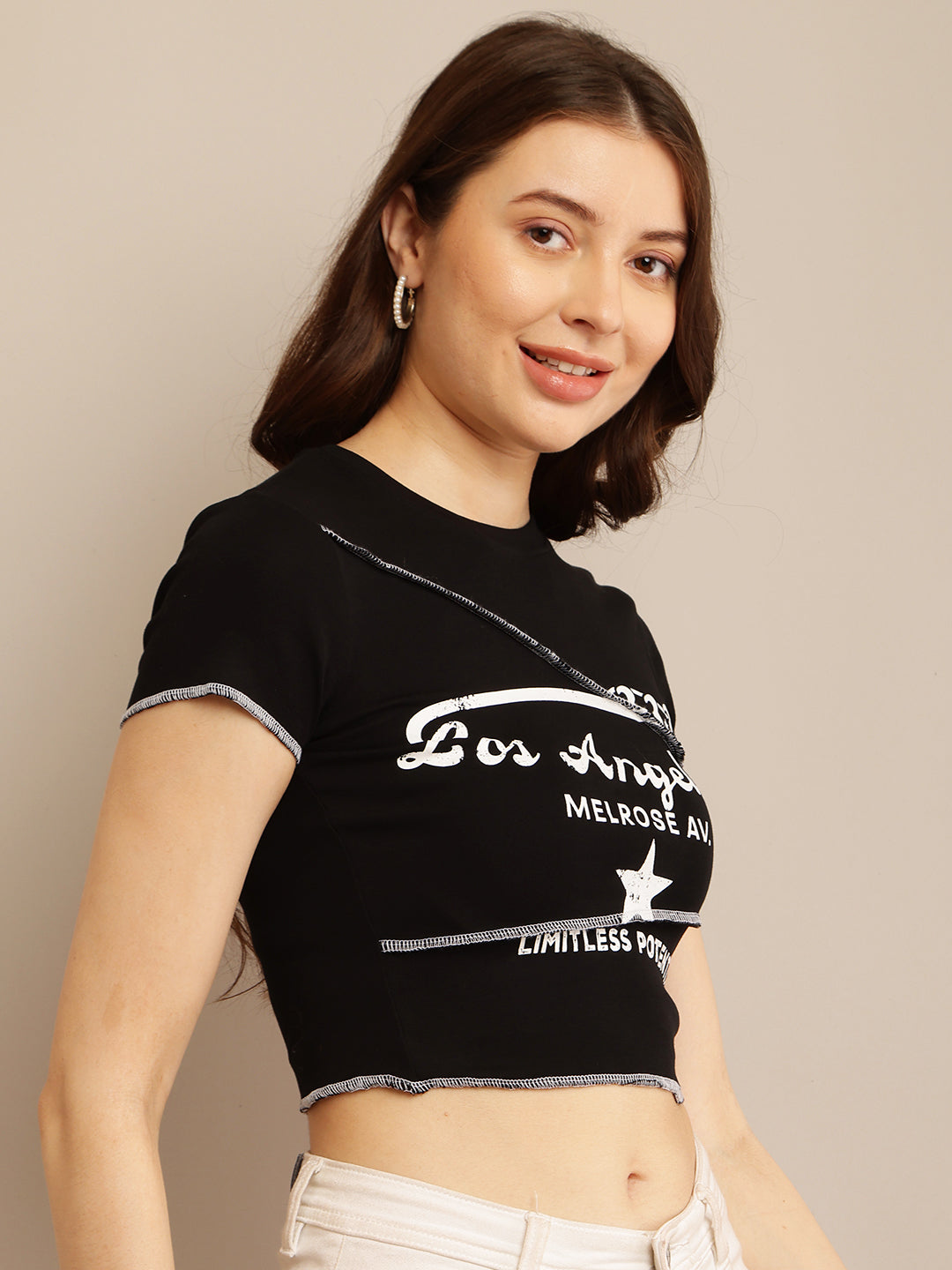 Black Crop Top T-Shirt with Maximum Stretch Cotton, Round Neck, and Short Sleeves