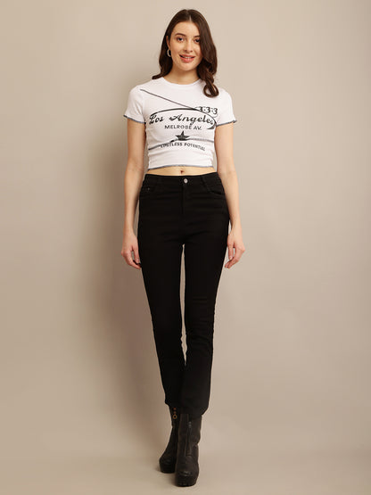 White Crop Top T-Shirt with Maximum Stretch Cotton, Round Neck, and Short Sleeves