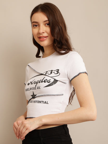 White Crop Top T-Shirt with Maximum Stretch Cotton, Round Neck, and Short Sleeves