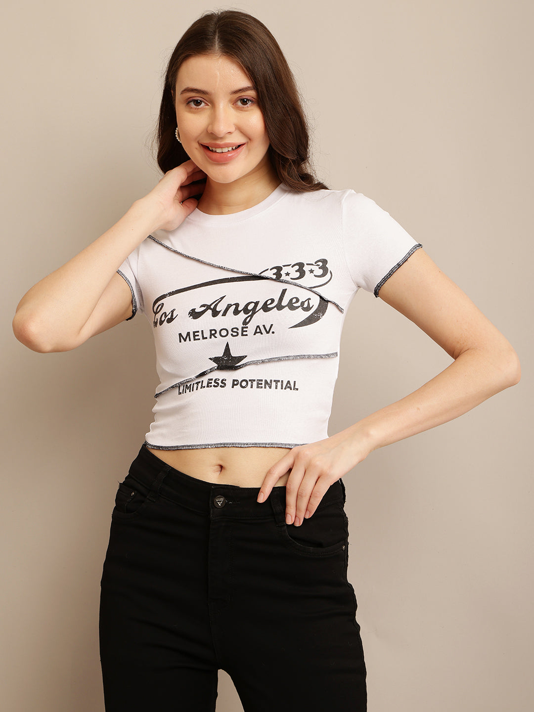 White Crop Top T-Shirt with Maximum Stretch Cotton, Round Neck, and Short Sleeves