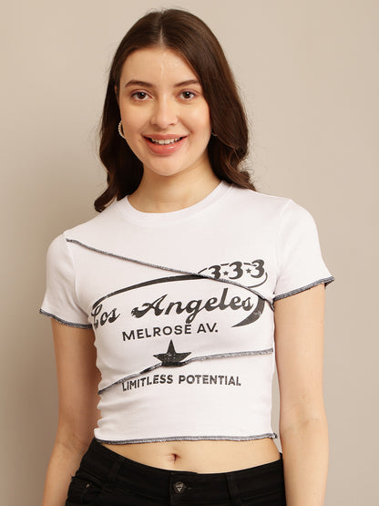 White Crop Top T-Shirt with Maximum Stretch Cotton, Round Neck, and Short Sleeves