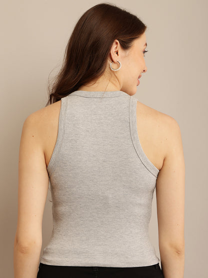 Grey Cotton Crop Tank Top with Round Neck and Maximum Stretch