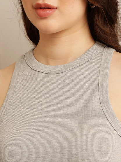 Grey Cotton Crop Tank Top with Round Neck and Maximum Stretch