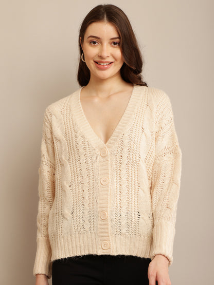 Cream Cardigan with Acrylic Full Sleeves, Front Button Closure, and V-neck