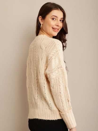 Cream Cardigan with Acrylic Full Sleeves, Front Button Closure, and V-neck