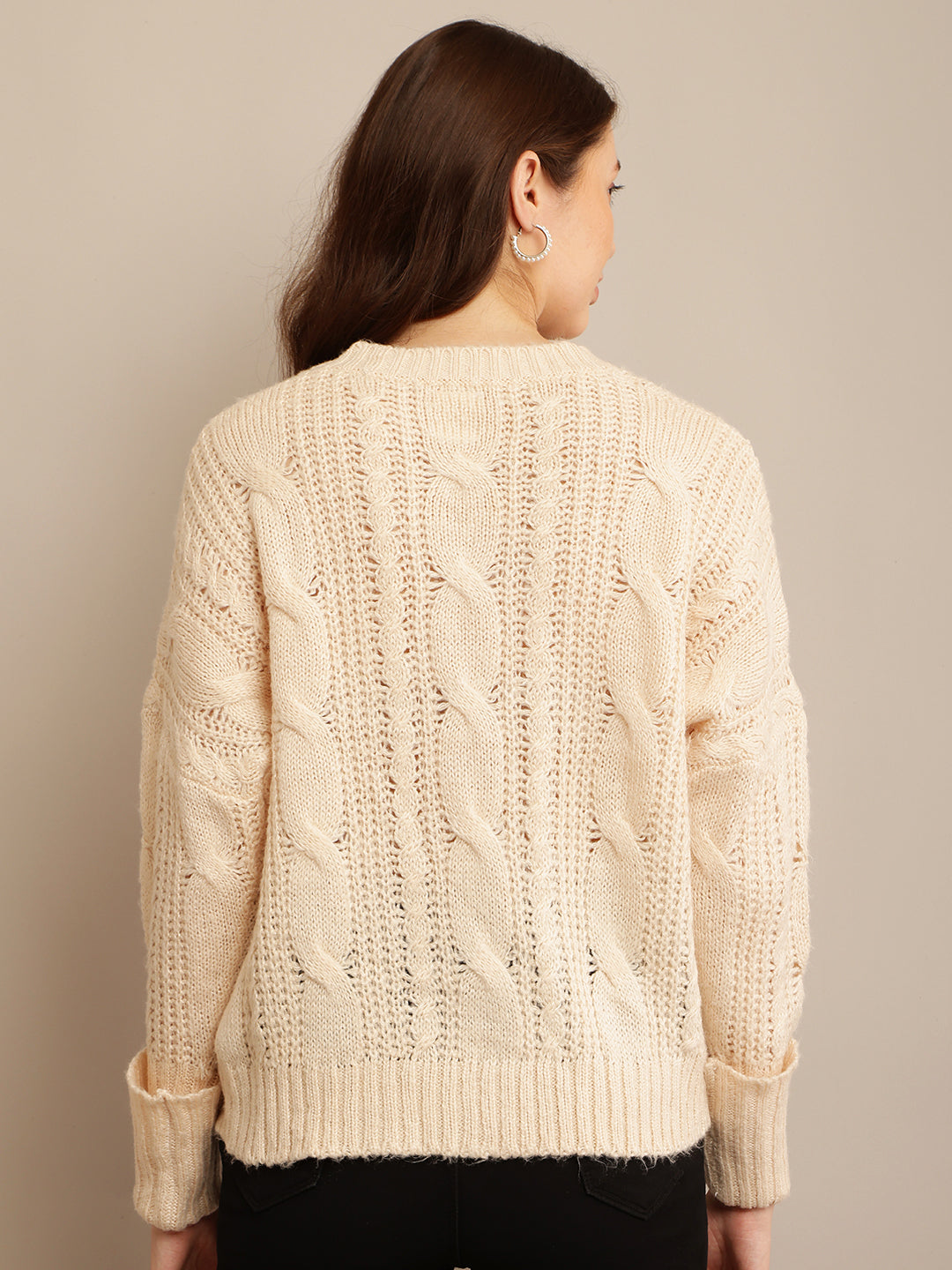 Cream Cardigan with Acrylic Full Sleeves, Front Button Closure, and V-neck