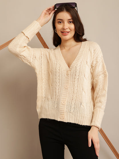 Cream Cardigan with Acrylic Full Sleeves, Front Button Closure, and V-neck