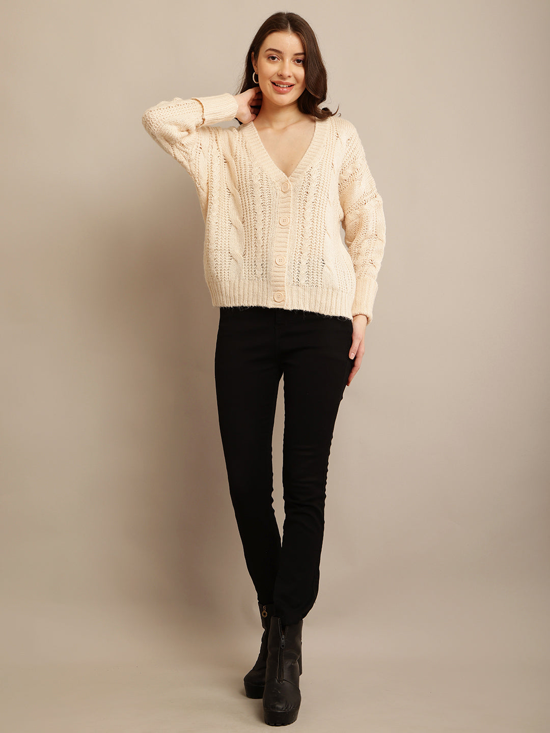 Cream Cardigan with Acrylic Full Sleeves, Front Button Closure, and V-neck