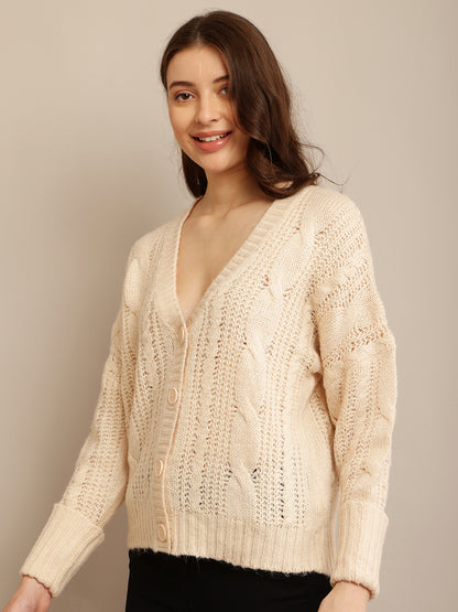 Cream Cardigan with Acrylic Full Sleeves, Front Button Closure, and V-neck