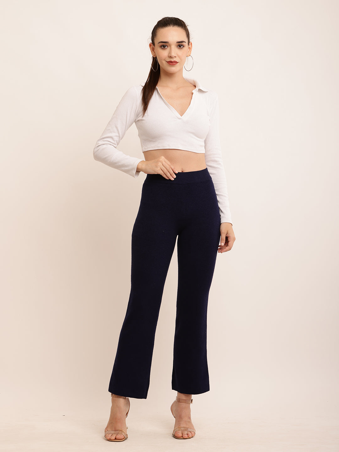 Viscose Solid with Elasticated Waist Blue Trouser Pant