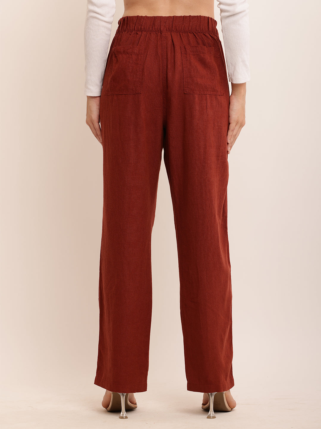 Linen with Drawstring Waist Brown Trouser Pant