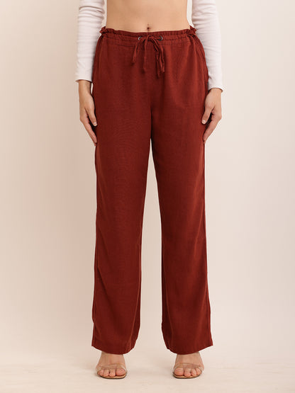 Linen with Drawstring Waist Brown Trouser Pant