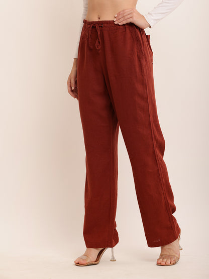 Linen with Drawstring Waist Brown Trouser Pant