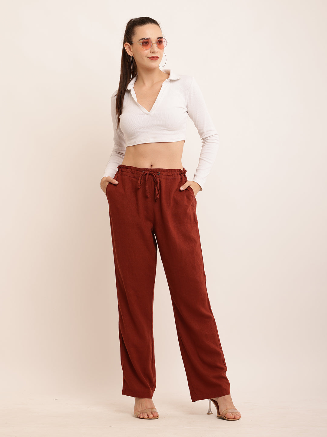 Linen with Drawstring Waist Brown Trouser Pant