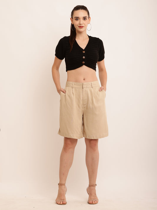 Viscose Solid with belt loops beige short