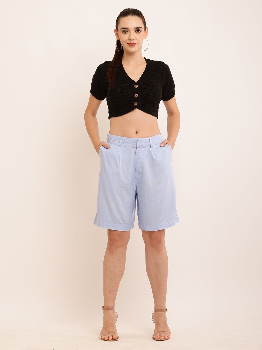 Viscose Solid with belt loops light blue short