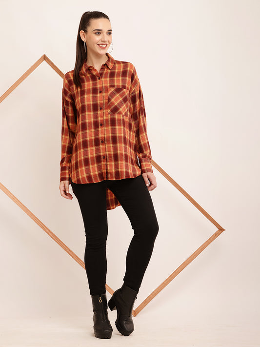 Polyester Full Sleeve with Elegant Brown Checked Shirt