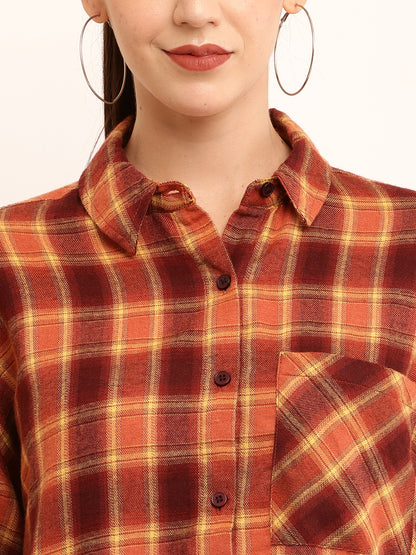 Polyester Full Sleeve with Elegant Brown Checked Shirt