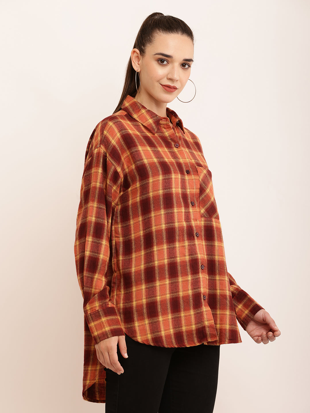 Polyester Full Sleeve with Elegant Brown Checked Shirt