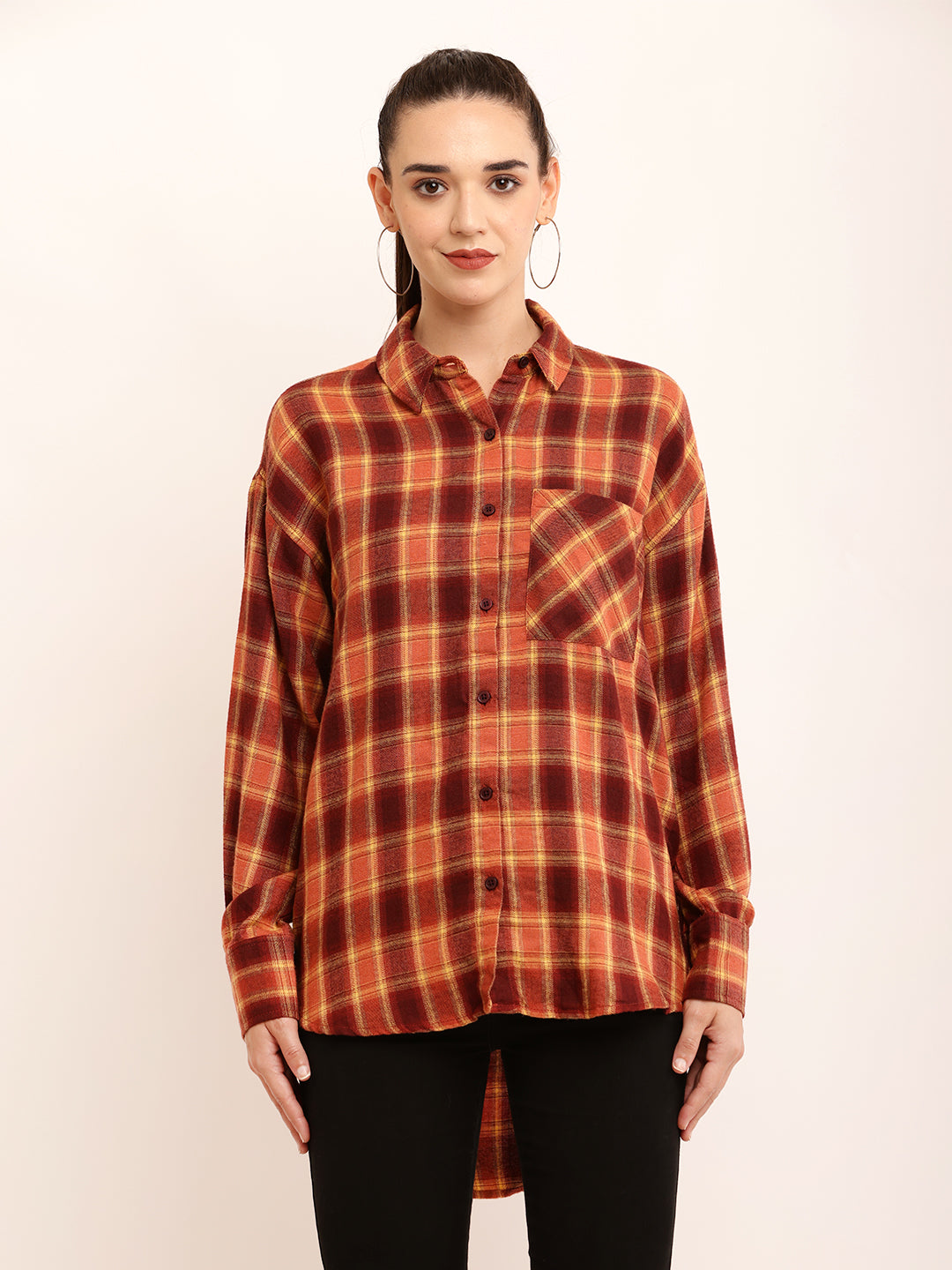 Polyester Full Sleeve with Elegant Brown Checked Shirt