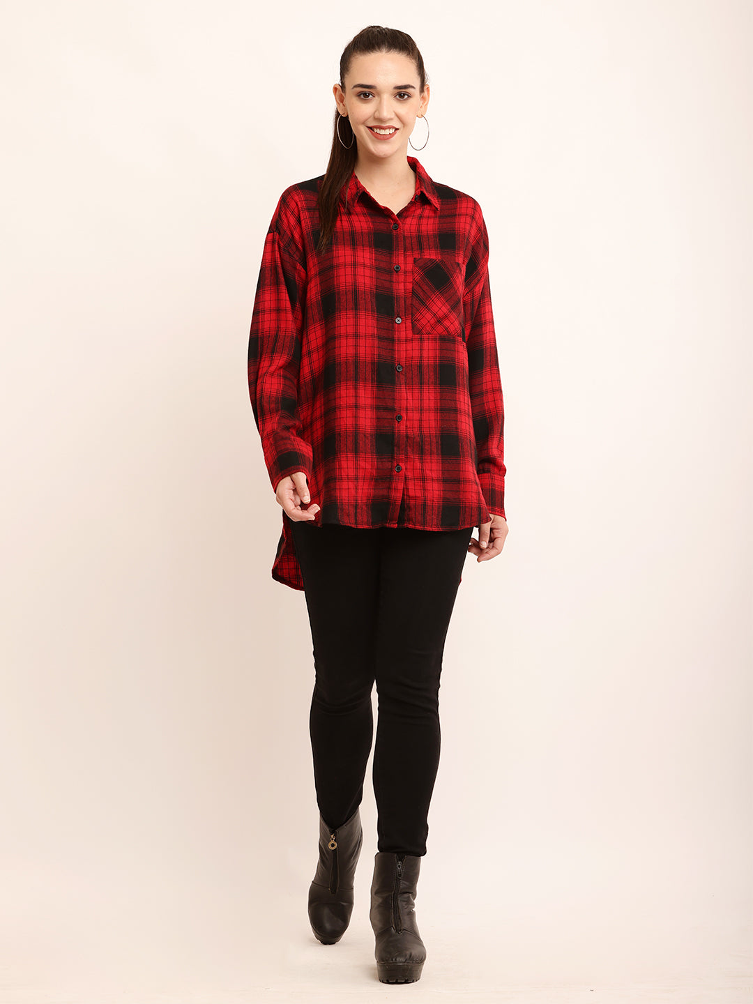 Polyester Full Sleeve with Elegant Red Checked Shirt