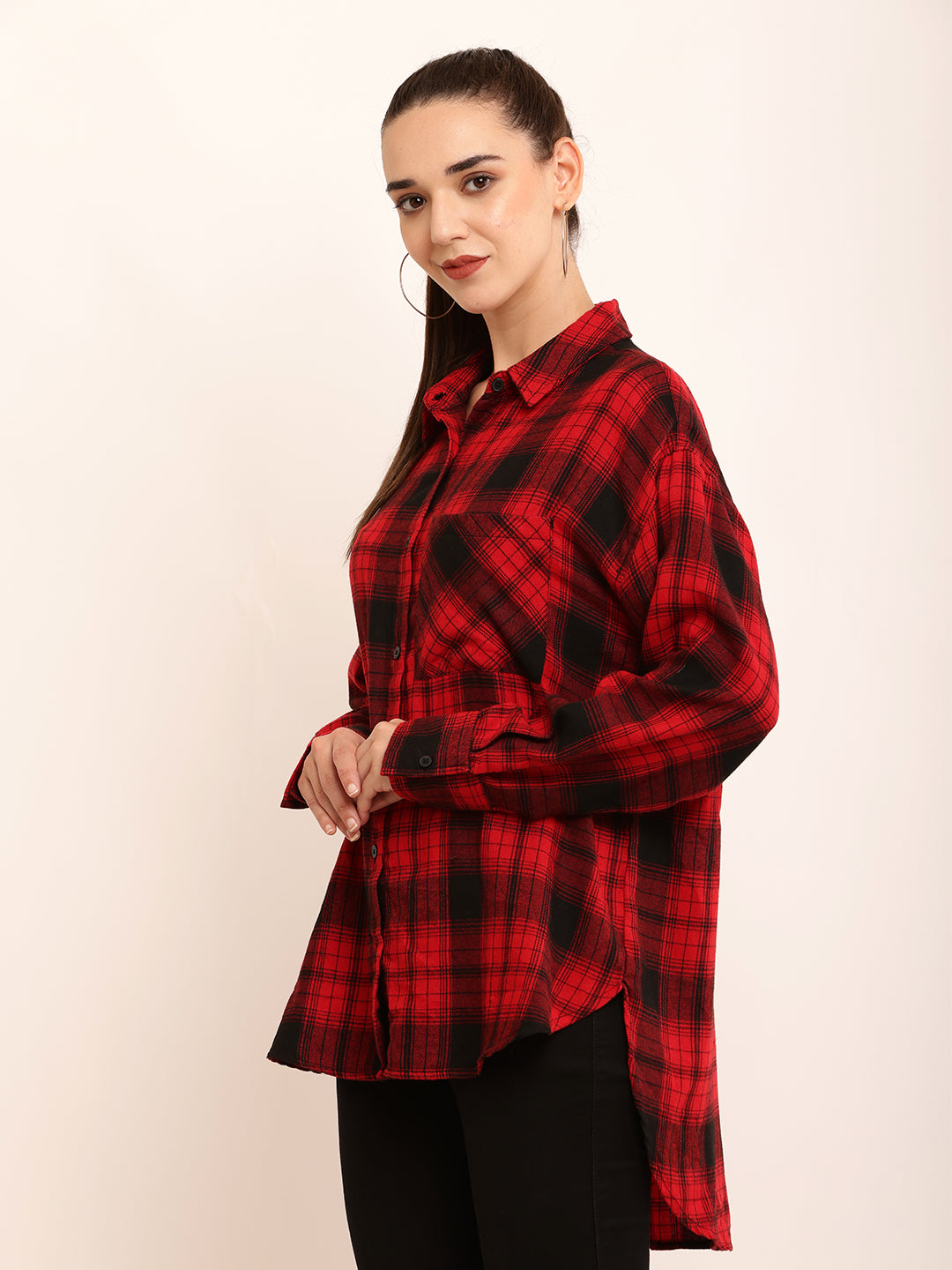 Polyester Full Sleeve with Elegant Red Checked Shirt