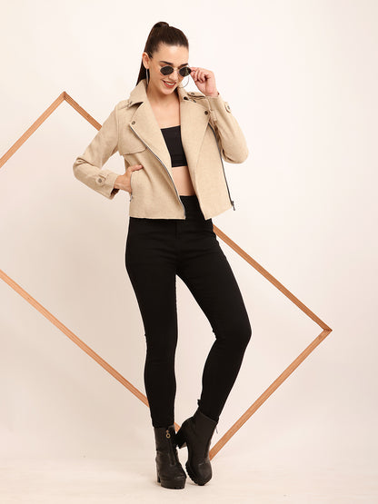 Cotton Full Sleeve with Lapel Collar Front Zipper Beige Jacket