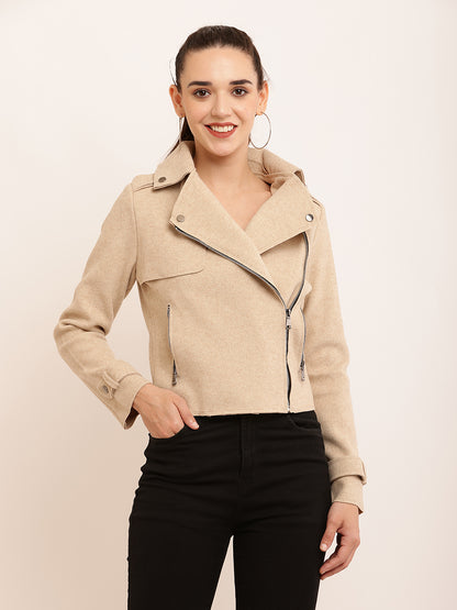 Cotton Full Sleeve with Lapel Collar Front Zipper Beige Jacket