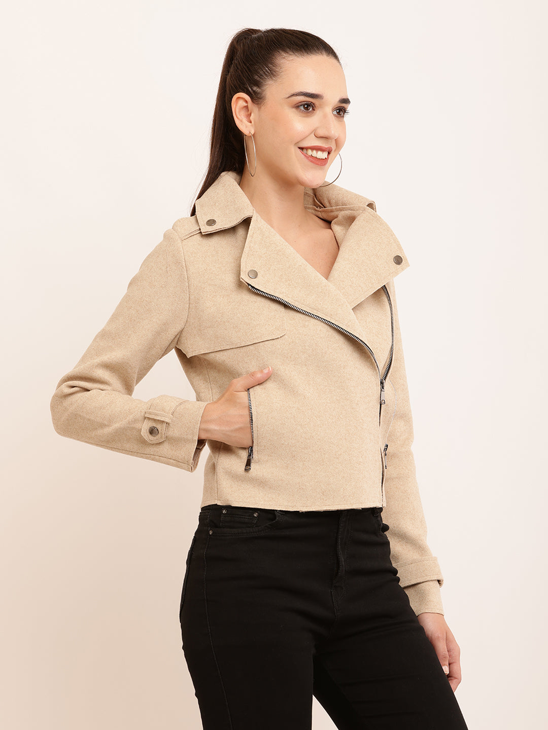 Cotton Full Sleeve with Lapel Collar Front Zipper Beige Jacket