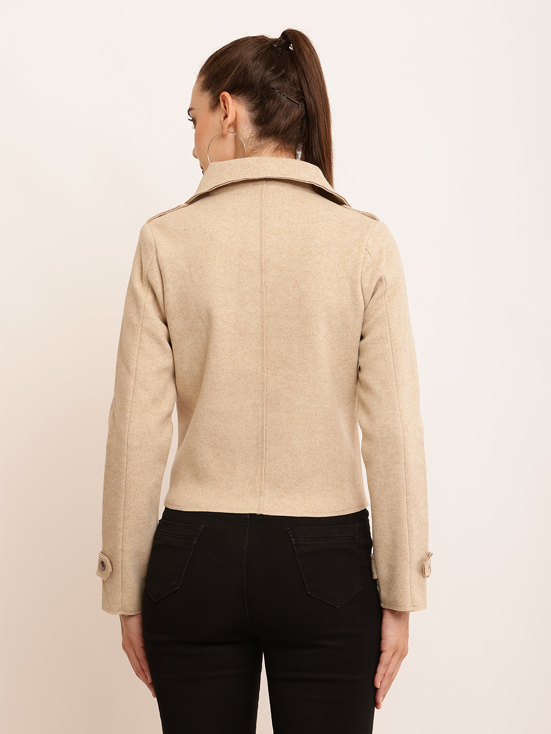 Cotton Full Sleeve with Lapel Collar Front Zipper Beige Jacket